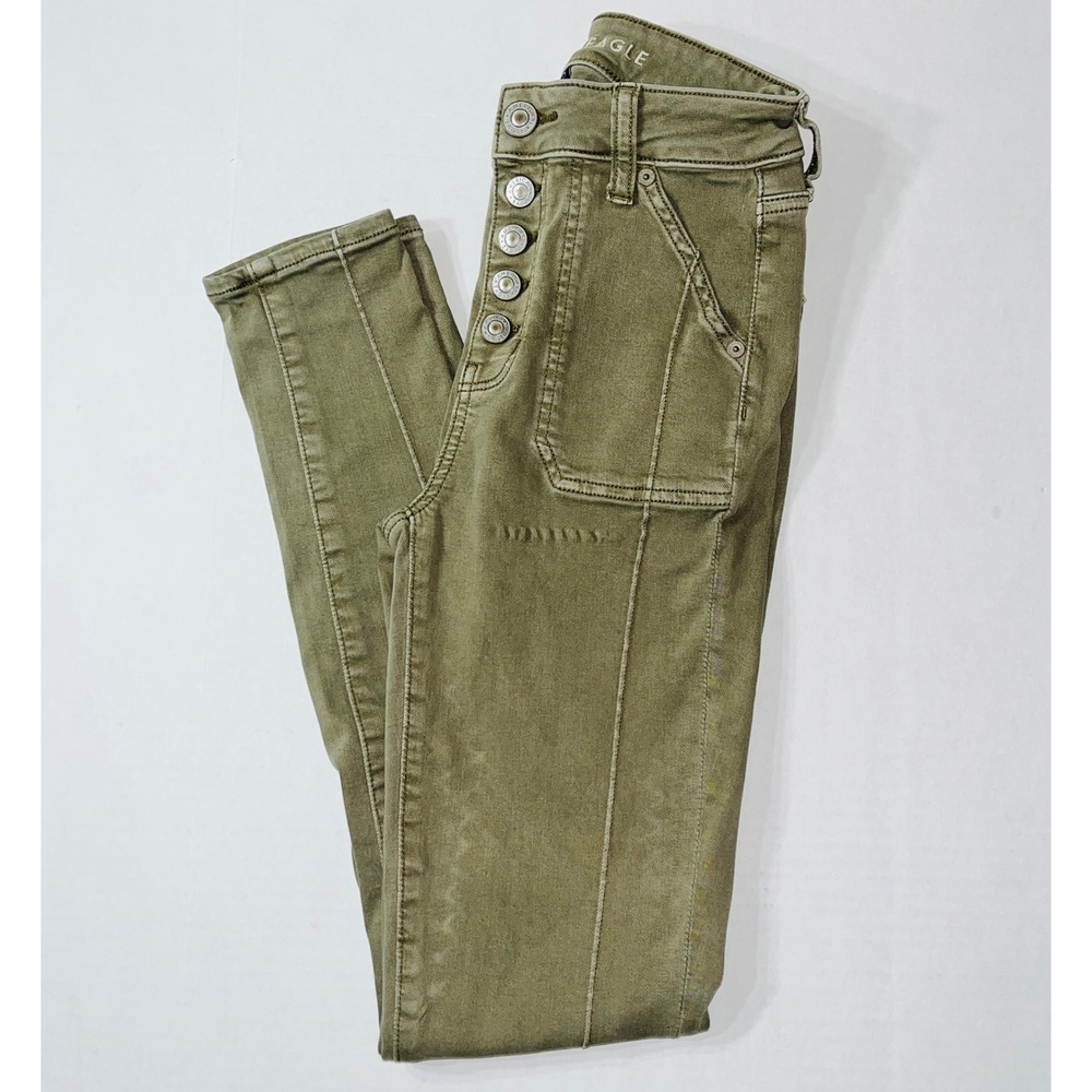 American Eagle Jeans Size 4 Blue Hi-Rise Jegging Olive‎ Green Button Fly Seamede